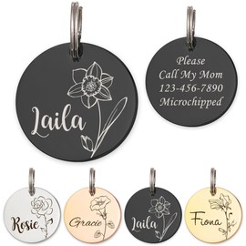 Anavia Floral Pet ID Tags, Birth Month Flowers Theme Dog Tag Round Bone Shape Cat Name Tag, Glossy Stainless Steel Gold Plated Dog Collar Tag (Round - Single Stem - Black, Large)