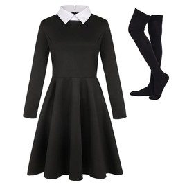 Kids Girls Long Sleeve Collar Flare Dress Wednes Costume Casual Skater Dress Black Peter Pan Collar Dress 7-8 Years