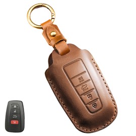 OLLEN Screws-Free Genuine Leather Key Fob Cover, Fit for Toyota, Leather Smart Remote Key Protector, 4 Buttons, Brown