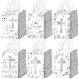 Kolldenn 24 Pcs First Communion Baptism Gift Bags Paper Religious Party Favor Bags God Bless Christian Cross Goodie Pouch for Baptism Party Decorations Christenings Wedding Confirmation