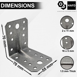 HAFD Corner Braces Brackets Heavy Duty Wooden Angle Metal Steel Sheet Galvanised, 70x70x55mm, 1.5mm Thick, Pack of 10, Rust Resistant, 265kg Load Capacity, Easy Install for DIY Projects