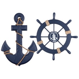 BIMUYI Ship Steering Wheel Decor, Nautical Wooden Boat Rudder and Anchor, Set of 2 (Blue)