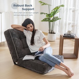 MAXYOYO Adjustable Floor Chair with Back Support, Gaming Chair Floor Meditation Chair with Tufted Cushion, Adults Lounge Chair Folding Sofa Seat for Reading Meditating Sleeping, Beige, Dark Grey