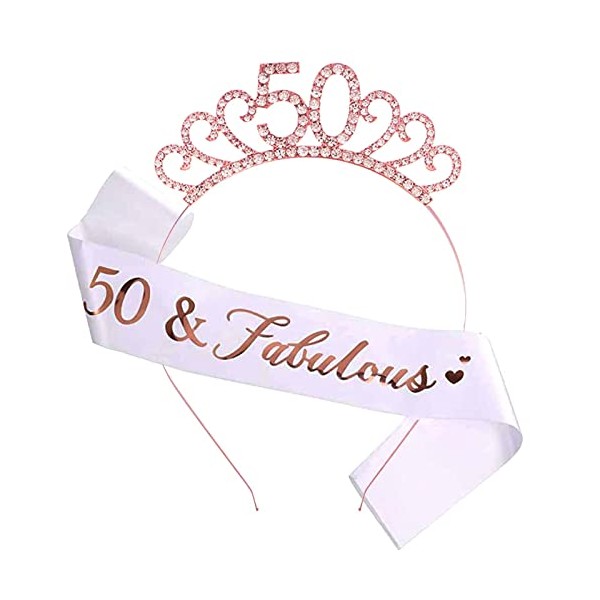 MIOSJI 50th Birthday Sash and Crystal Tiara Birthday Crown for 50th Birthday Decorations Women Birthday Gift Party Accessories ( Rose Gold )