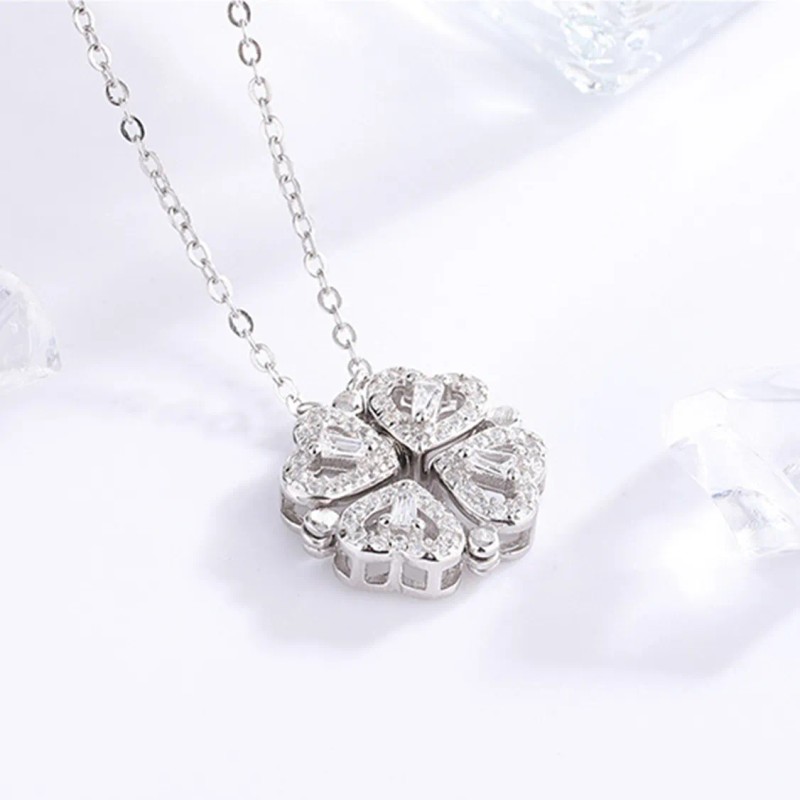 Collar Convertible Plata 925 Corazón Y Trébol De 4 Hojas