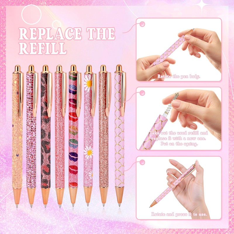 WY WENYUAN 8 Pcs Pink Sparkly Pens for Women -