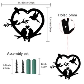 CREATCABIN Heart Metal Bird Wall Decor Birds on The Branch Art Iron Wall Signs Hanging Decoration Ornament Sculpture for Balcony Garden Home Living Room Decoration Outdoor Black 11.8x7.9Inch