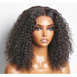 Generic 12 Inches 5x5 Glueless Lace Closure Bob Wig 100% Human Hair 150% Density Water Wave, Blsck