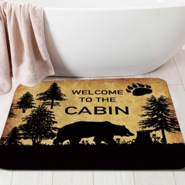 MERCHR Rustic Cabin Bath Rug, Farmhouse Country Bear Forest Vintage Non Slip Bathroom Rugs,Hunting Camping Bath Rug Sets for Bathroom Bedroom Kitchen Outdoor Indoor 17x29 Inch