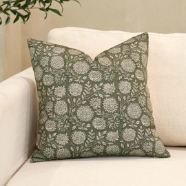 Amor Virisso Floral Pillow Covers 18x18 Throw Pillow Covers Vintage Block Print Pillow Cover Neutral Couch Pillows for Living Room Farmhouse Decorative Accent Sofa Pillows, Dusty Green