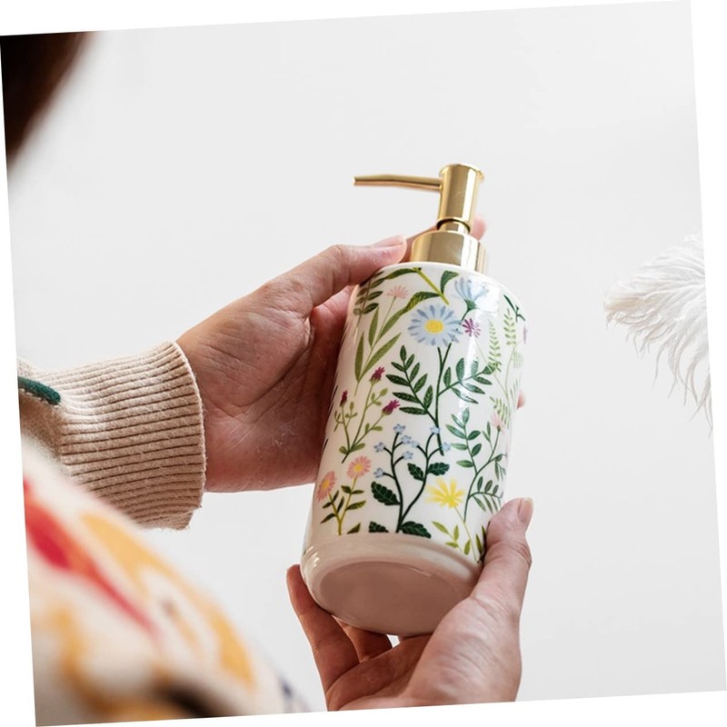 Sosoport Ceramic Flower Printing Lotion Dispenser Stylish Pump Bottle for