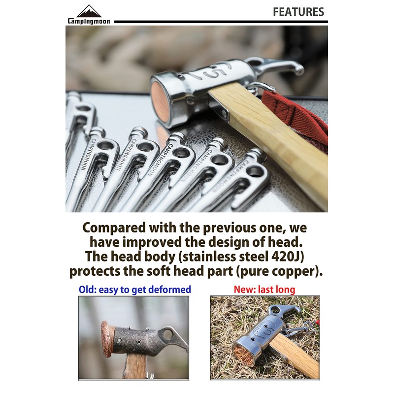 CAMPINGMOON Camping Hammer Peg Tent Stake Hammer Stainless Steel Built-in