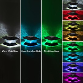HUYIENO Solar Post Cap Lights - Outdoor LED Deck Fence Cap Light with 9 Light Modes, Bright White & 7 Color Fixed/Cycling Modes, Suitable for 4x4 & 5x5 Wooden Posts - Black, 2pk