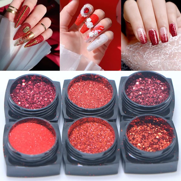 Red Nail Art Glitter Sequins Red Crystal Diamond Sparkly Nail Powder Valentine's Day Nail Supplies New Year Wedding Shiny Nail Flakes for Women Girls Holographic Manicure Tips Charms Pigment 6 Boxes