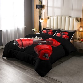 Erosebridal 3D Red Dumbbells Comforter Set Boys Fitness Equipment Sports Down Comforter,Gym Room Exercise Tool Bedding Set Barbell Sport Theme Bedroom Decor Queen Size,Black