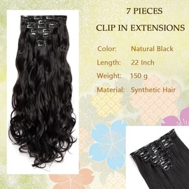 Swy Hair Clip in Hair Extensions Body Wave 7Pcs Straight Hair Synthetic Hair Extensions (W-Natural Black, Wavy)