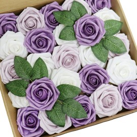 D-Seven 50pcs Artificial Flower White & Lavender Mist & Pale Lilac Roses with Stem for DIY Wedding Bouquets Floral Arrangements Wedding Flower Backdrop Bridal Shower Baby Shower Party Home Decor