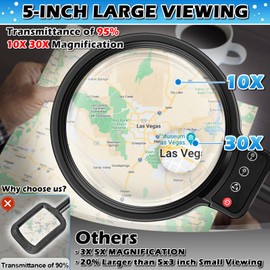 30X 10X Large Floor Magnifying Glass with Light and Stand,72 LED Flexible Gooseneck Floor Magnifying Lamp,2 in Lighted Magnifiers for Close Work, Sewing,Crafts,Hobbies