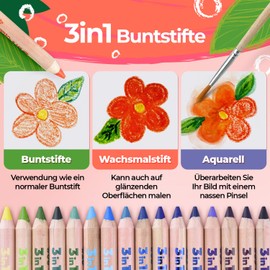 colozoo Gecko 3-in-1 Children's Pencils Set, 48 Children's Pencils Set Including 2 Brushes, Sharpener and Colouring Book from 3 Years, Non-Toxic and Vegan Thick Colouring Pencils for Toddlers