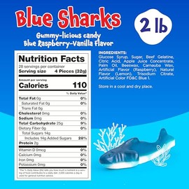 Gummy Sharks - 2 Pound Pack - Blue Shark Gummies - Blue Candy for Goodie Bags, Gifting, Snacking & Dessert Decorating - Chewy Candy with Raspberry Flavor