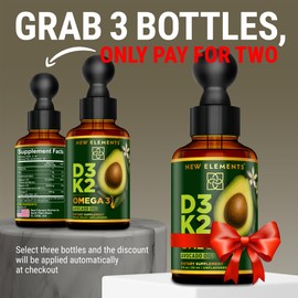 New Elements Liquid Vitamin D3 + K2 Drops 10,000 IU with Omega-3 – High Absorption for Bone, Immune & Heart Support | Pure Avocado Oil Base | Non-GMO – 2 fl oz (60 ml)