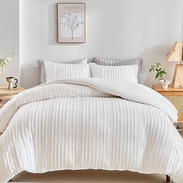 WARMDERN White Boho Duvet Cover Set King Size, Striped Textured