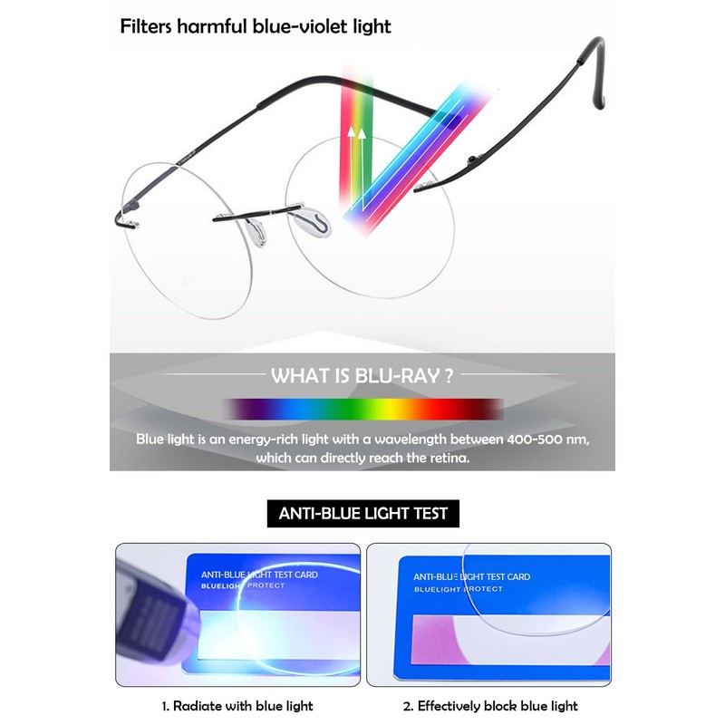 KOOSUFA Titanium Rimless Round Reading Glasses +3.0 Blue Light Blocking