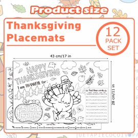Fall Thanksgiving Place Mats for Kids - 12 Pcs Turkey Coloring Pages 17'x 11' Thanksgiving Day Disposable Table Mat Sheets for Autumn Harvest Party Decorations School Coloring Activity Crafts