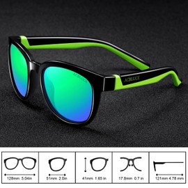 ACBLUCE Kids Polarized Sports Sunglasses TPEE Frame with Adjustable Strap for Boys Girls Age 6-12, A-bright Black/Green Frame | Green Revo Lense, age 6-12