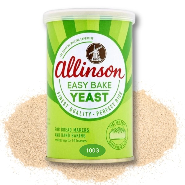 Allinson Easy Bake Yeast Dry Yeast Tin 1 x 100g, Perfect Bread Making, Hand Baking, Pizza Dough, Rolls, and Loaves - Ideal for Home Cooking!