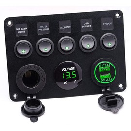 Riloer Green LED Voltmeter Control Panel Switch 12 V 5 Gang USB Port Waterproof