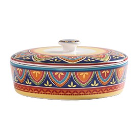 Bico Tunisian Ceramic Tortilla Warmer, 8.9 Inch Tortilla Holder with Lid for Taco Bread Pancake for Mexican Night and Party, Microwave and Dishwasher Safe