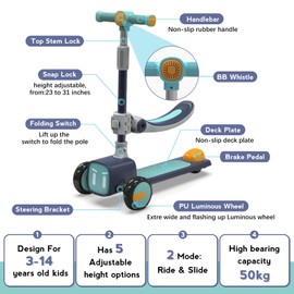 Unbreakable & Never Fall Down 2-in-1 Scooters Kids 3 Wheel Kick Scooter for Boys Girls Ages 3-14, Adjustable Height & Removable Seat, Widened Non-Slip Deck, More Safer for Beginner Toddlers-Blue