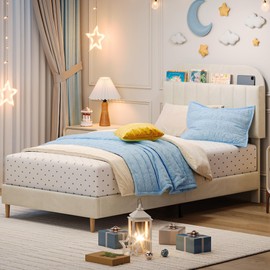 GarveeHome Twin Bed Frame with Storage Headboard, Velvet Upholstered Platform Bedframe for Kids, Girl Bed, Strong Wooden Slats, Noise-Free, Easy Assembly, No Box Spring Needed, White