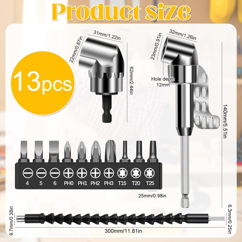 Oneroomone 13 Pieces Adapter for Angle Screwdriver, 105 Degree Angle