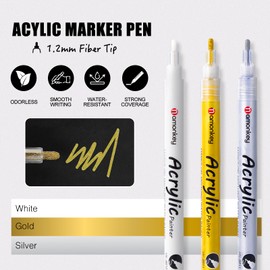 RONRYXA White, Silver & Gold Paint Marker Pens 6 Pack 1.2mm Fine Tip, Permanent Acrylic Ink for Rock, Wood, Metal, Glass, Ceramic, Plastic, Canvas, Pens for DIY Crafts, Art & Fine Detailing