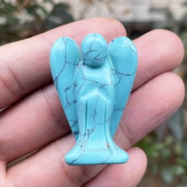 Fekuar Synthetic Green Howlite Turquoise Healing Crystal Prayer Guardian Angel Statue, Carving Pocket Palm Stone Figurines Decoration 1.5 inches