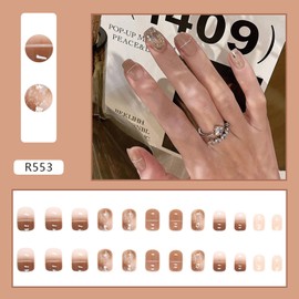Glue on Nails Short Length Coffin Shape, 24Pcs Full Cover Reusable False Nails Kits, Artificial Fingernails Acrylic Fake Nails with Designs, Press on Nails for Women, Stick on Nails Short Square(R553)