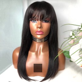 QUINLUX WIGS Long Straight Human Hair Lace Front Wigs With Bangs HD Transparent Lace Front Human Hair Wigs Silky Stright 150% Density Glueless Brazilian Remy Hair Wigs For Woman Natural Black 16Inch