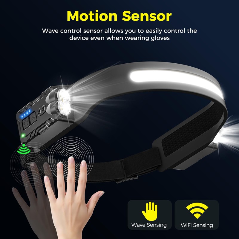 Diboniur Torcia Frontale LED, 8 Modalità, IPX4, Sensore e 340°