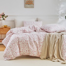 EAVD Garden Style Floral Comforter Set King White Soft Fluffy Microfiber Bedding Set Chic Cute Red Floral Bedding Comforter Set with 2 Pillowcases Vintage Botanical Comforter Set for All-Season