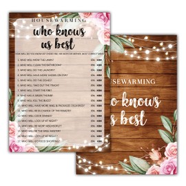 Housewarming Party Games, Who Knows Us Best, Rustic Floral New Home, New House, New Homeowner Party Games Cards, 30 Sheets Each Pack