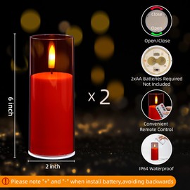 7LinRay 2" X 6" Realistic Flickering Flameless Candles Battery Operated Candles with Remote and Timer, Acrylic Red LED Flameless Pillar Candles for Christmas, Home, Wedding, Party, 2 Pack