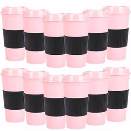 Yisituo Plastic Coffee Cups with Lids, 12 Pack 480ml Reusable Tumblers for Adults, for Hot & Cold Drinks, Microwaveable Travel Mugs (12, Pink)