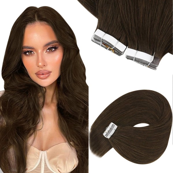 Sunny Hair Brown Tape in Hair Extensions Color #4 Dark Brown Human Hair Tape in Extensions Invisible Tape in Hair Extensions Human Hair Dark Brown for Women 20pcs 50g 24inch
