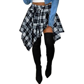 Women's Plaid Skorts Skirts - High Waisted Tie Front Pleated Summer Asymmetrical Skirt with Shorts Black White L