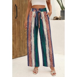 Angerella Womens Smocked Elastic Waisted Palazzo Pants Casual Wide Leg Adjustable Knot Long Lounge Pant Trousers with Pocket ColorStripe M