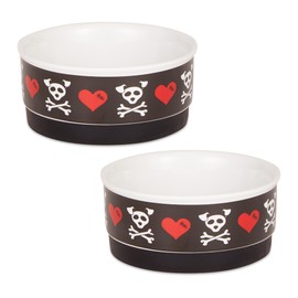 Bone Dry Ceramic Food & Water Bowls for Pets Non-Slip for Secure, Less Messy Feeding, Microwave & Dishwasher Safe, Small Set, 4.25x2, Bad to The Bone, 2 Count
