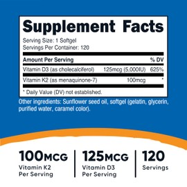 Nutricost Vitamin K2 (MK7) (100mcg) + Vitamin D3 (5000 IU) 120 Softgels - Gluten Free and Non-GMO