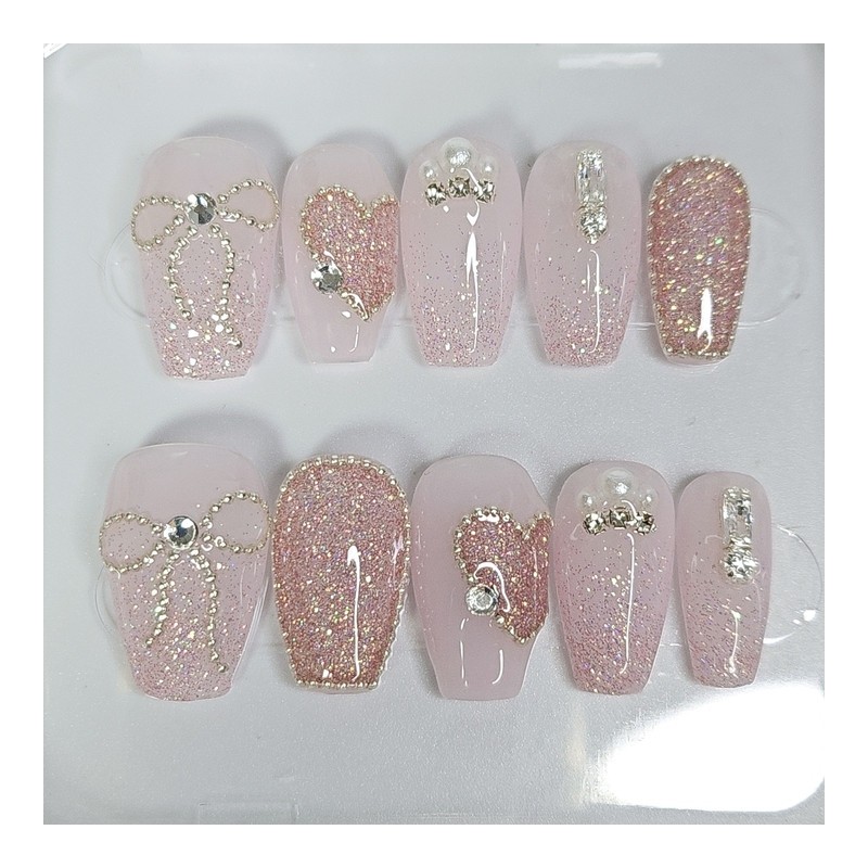 Pink Heart Glitter Handmade Nail Tips - Short Square /